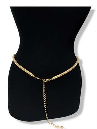 Gold  Kadın Kemer Boru Zincir Taşlı Abiye Elbise Kemeri  75 Cm Taş Kısmı 20Cm Zincir 105 Cm 